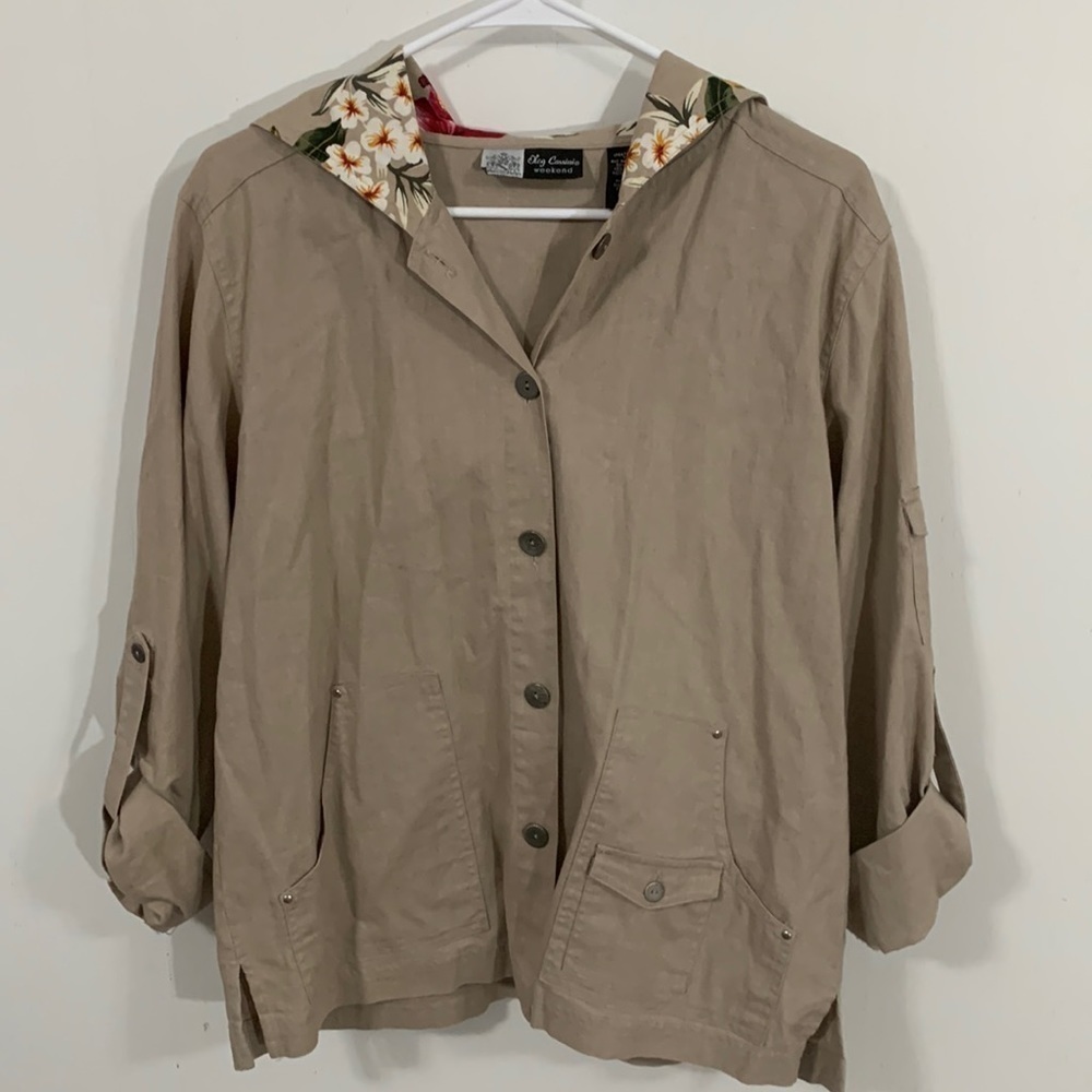 Oleg Cassini Weekend Hooded light Linen blend button up jacket floral hood